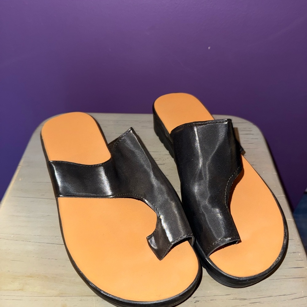 Black and Tan Slide Sandals